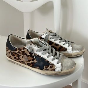 Golden Goose Superstar distressed leopard-print calf hair sneakers 36